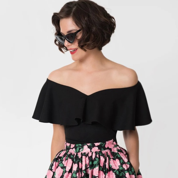 NWT Unique Vintage Black Off Shoulder Ruffle Frenchie Knit Top - Picture 1 of 11